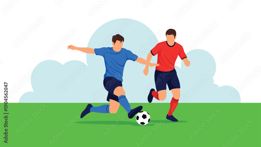 Obraz premium Two professional soccer players compete for the ball on a green field during an intense football match under a blue sky with soft white clouds.