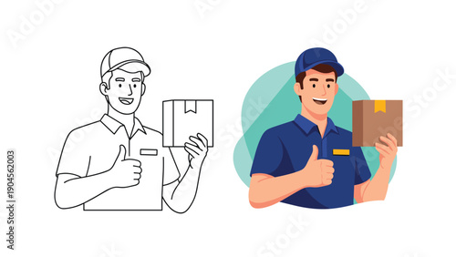 Friendly delivery man wearing a blue uniform holds a package and gives a positive thumbs up to confirm a successful shipping service task.