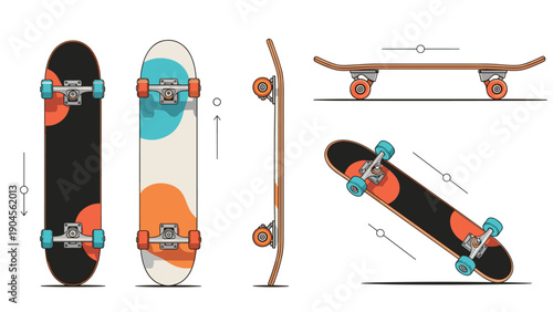 Artistic collection of skateboard deck graphics features different color combinations and technical drawings of the board from several angles.