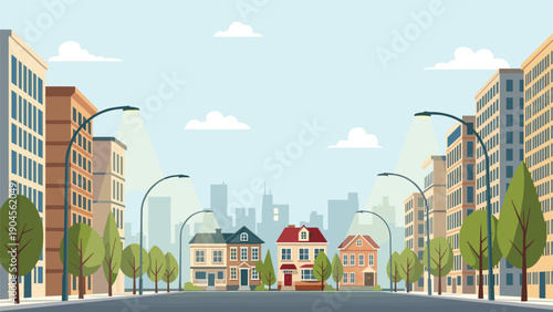 Typical city residential street shows a row of different houses, apartment buildings, green trees, and tall street lamps under a clear sky.