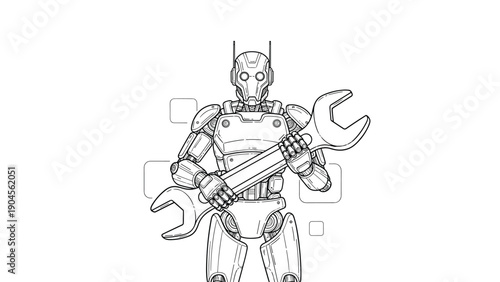 Maintenance robot is shown as a detailed line art illustration holding a giant wrench ready to perform repairs on mechanical equipment or gear.