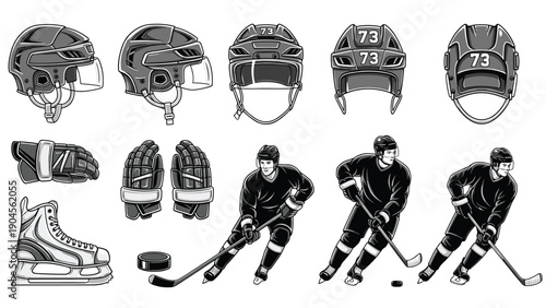 Detailed set of ice hockey equipment includes helmets, gloves, skates, and a puck alongside players in action poses during a sports match.