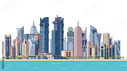 Vibrant illustration of the Doha Qatar skyline features iconic skyscrapers and modern buildings along the waterfront with calm blue sea water.