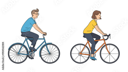 Man and woman enjoy a healthy outdoor lifestyle by riding their bicycles together on a clear day in this minimalist lifestyle illustration.