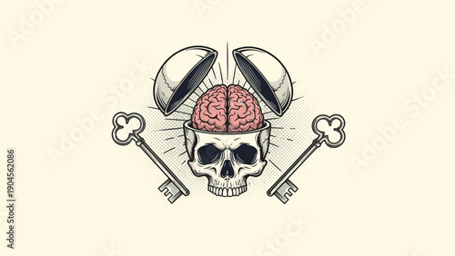 Surreal illustration shows an open human skull with the brain exposed alongside two antique skeleton keys against a textured beige background.