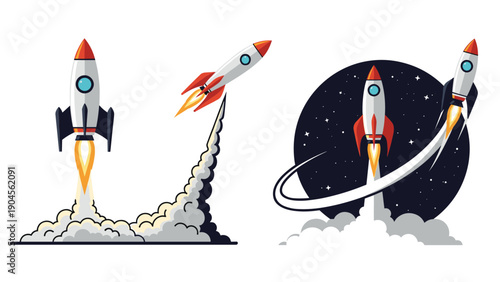 Collection of rocket ship launch illustrations showcases various space vessels lifting off with smoke and fire trails into space.