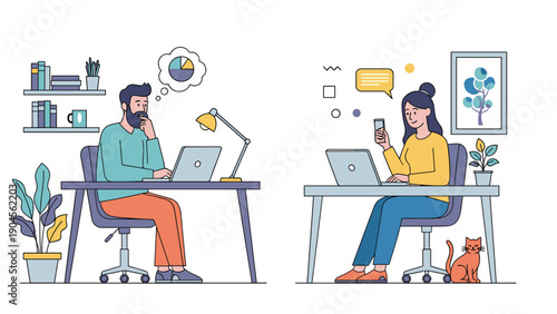 Colleagues or freelancers working on laptops at home or office desks with a cat and various office supplies in vector.