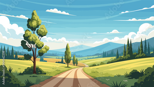 Scenic countryside landscape featuring a winding road through green fields and meadows toward distant blue mountains.