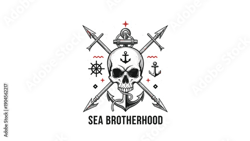 Sea brotherhood emblem design featuring a human skull with an anchor and crossed spears in nautical maritime style.