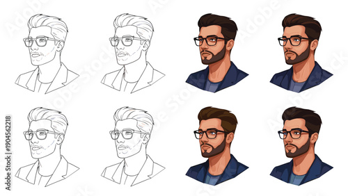 Set of male portraits with different hair colors and line art versions featuring a stylish man wearing glasses.