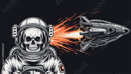 Spooky astronaut skull in a spacesuit with a futuristic spaceship flying past amidst a bright orange fire explosion.
