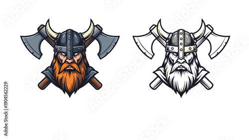 Viking warrior head wearing a horned helmet with crossed battle axes in detailed mascot style with colored version.