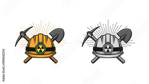 Mining safety helmet with pickaxe and shovel tools crossed behind it representing industrial work and heavy labor.