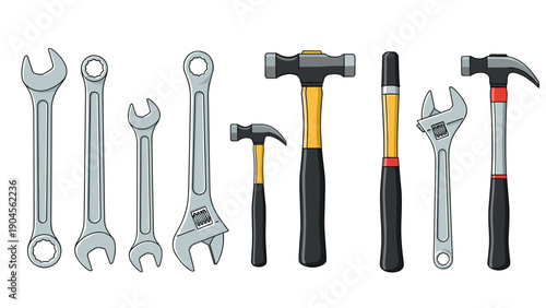 Collection of various hand tools including wrenches, spanners, and hammers used for repair and construction projects.