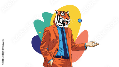 Humanoid tiger character wearing a smart orange business suit and blue shirt standing against abstract background.