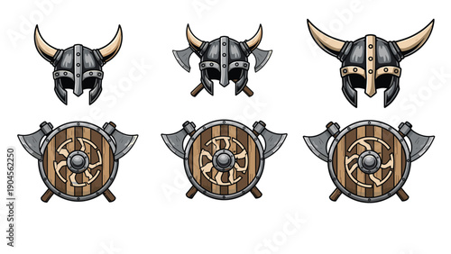 Collection of viking equipment including horned helmets, wooden shields, and battle axes in detailed graphic style.