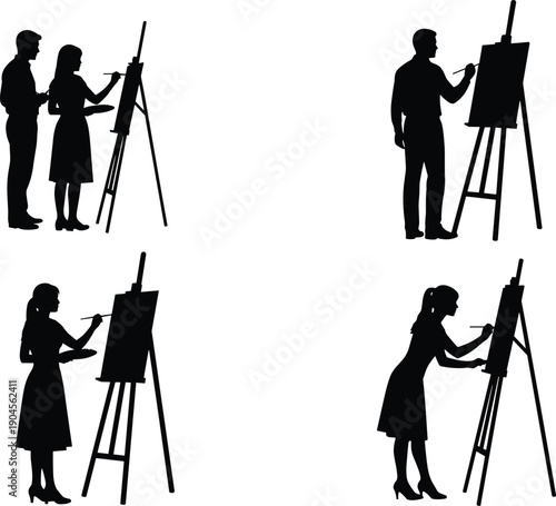 Vector Illustration Set of Artist Silhouettes Painting on Canvas Easel for Fine Art Studio Creative Hobby Workshop Education and Professional Gallery Exhibition Designs