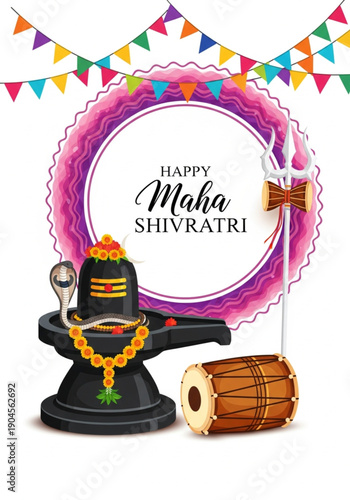 Happy Maha Shivratri vector illustration with Shiva Lingam, Trishul, and Damru perfect for banner poster and greetings. Creative illustration of Hindu Religion Happy Maha Shivratri festival banner .