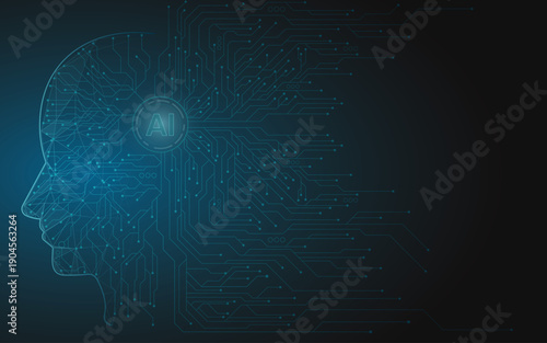 AI Humanoid Face Concept. Technology Digital Robot Head Side View with Circuit Board Components. Tech Blue Background. Artificial Intelligence Agent or Assistant Concept. Vector Digital Illustration