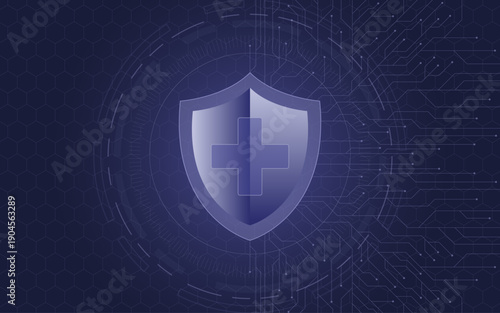 Protection. Healthcare. Insurance. Protection shield with Check mark icon inside transparent sphere shield with hexagon pattern on blue background