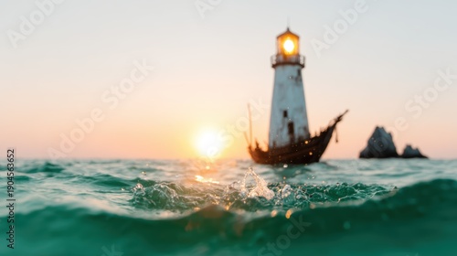 Wallpaper Mural A striking image of a lighthouse standing proud against the backdrop of a beautiful sunset over the ocean, capturing themes of guidance and safety amid nature's vast beauty. Torontodigital.ca