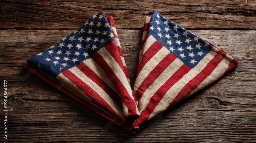 Obraz premium Two American Flag Napkins Folded Neatly on Rustic Wood, Displaying Patriotism and National Pride