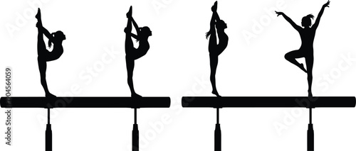 Vector Illustration Set of Female Gymnast Silhouettes Performing Balance Beam Routine for Artistic Gymnastics Competition Sports Training Fitness and Athletic Movement Graphic Designs
