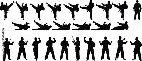 Vector Illustration Set of Karate Silhouettes Performing Martial Arts Kicks Punches and Defensive Poses for Combat Sports Training Fitness Competition and Action Designs