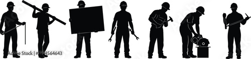 Vector Illustration Set of Construction Worker Silhouettes with Tools for Building Industry Home Renovation Engineering Maintenance Site Labor and Professional Contractor Graphic Designs