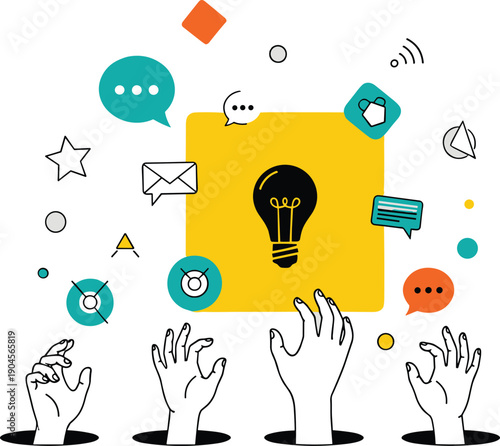 Colorful illustration of hands reaching upward with icons, creativity brainstorming concept, teamwork innovation, communication, collaboration, idea generation design
