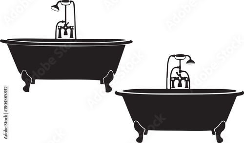 Two clawfoot bathtubs with vintage style faucets in black and white