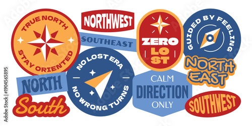 Set of Compass stickers, badges, patchs design in retro y2k style. Navigation compass with phrases related to gen z. 