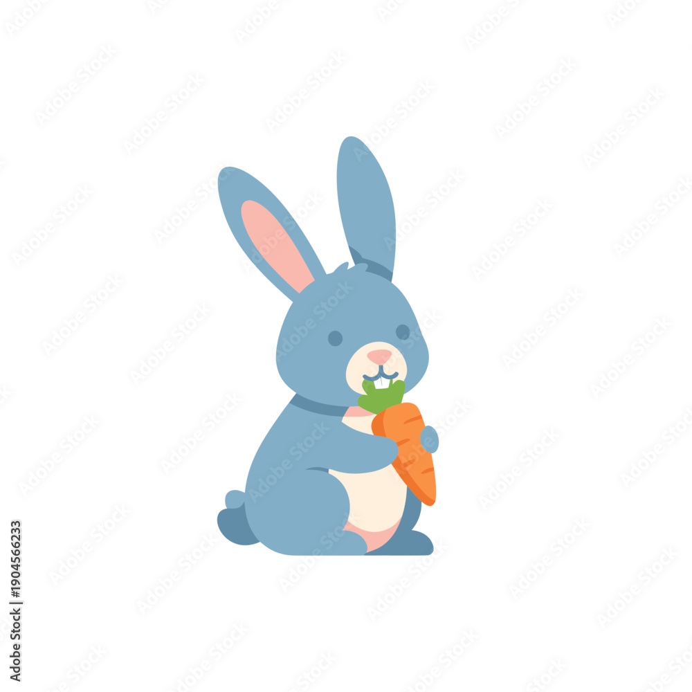 Fototapeta premium Cute Blue Bunny Rabbit Eating Carrot Flat Vector Illustration