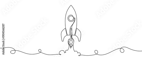 Rocket taking off in one line art style. Spaceship drawing with editable black stroke on white background. Vector illustration.