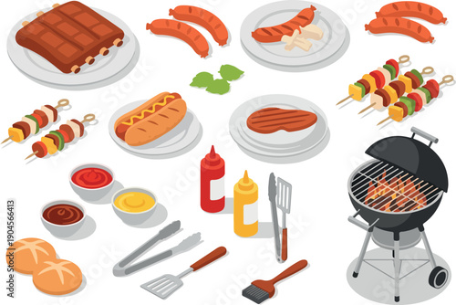 Delicious barbecue grill, hot dogs, ribs, and skewers with various sauces and buns, perfect for summer outdoor cooking and dining