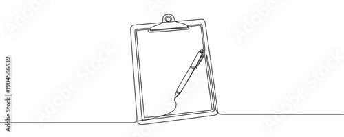 Clipboard with a pen in line art style. Minimalist drawing of a clipboard with a ballpoint pen, made in a single continuous line. Vector illustration.
