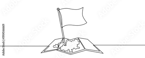 Map and flag in line art style. Minimalist drawing of an unfolded map with a flag installed, symbolizing location, travel, or discovery, made in a continuous line. Vector illustration.