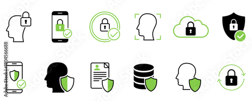 A set of personal data protection icons featuring symbols for locks, shields, identity verification, and smartphone security. A modern graphic set in black and green colors. Vector illustration.