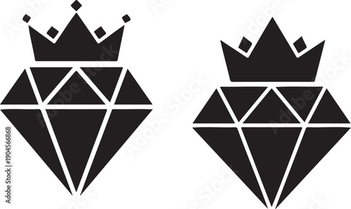 Black and white illustration of two diamonds with crowns atop them
