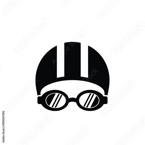 Black swimming cap and goggles icon on for sports and fitness designs