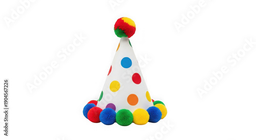 Colorful party hat with multicolored balloons isolated on transparent background