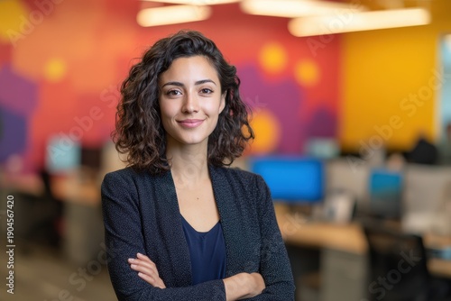 Wallpaper Mural Confident professional woman with curly hair poses in a modern, brightly colored office environment Torontodigital.ca