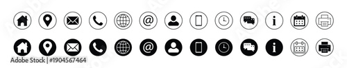 Contact and Communication Icons set vector illustration. Home, Address, Notification, name, map pin, mail, location, website,  phone, at, mobile, time icon symbol. 