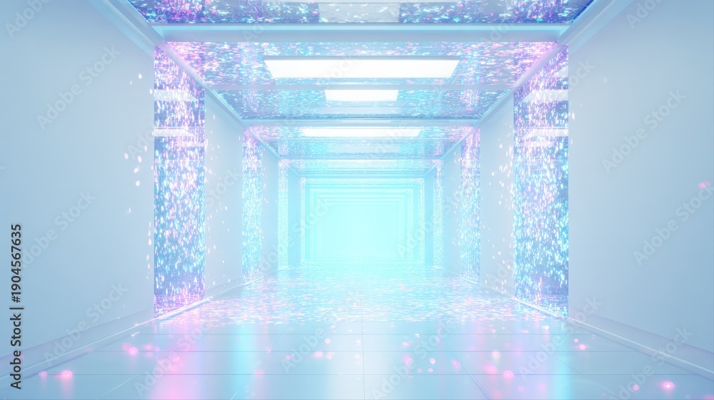 Fototapeta premium Futuristic Hallway with Holographic Effects: Clean, Modern Architecture with Digital Light and Creative Design Elements