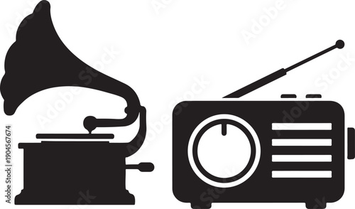 Vintage gramophone and radio illustration in a simple black and white style