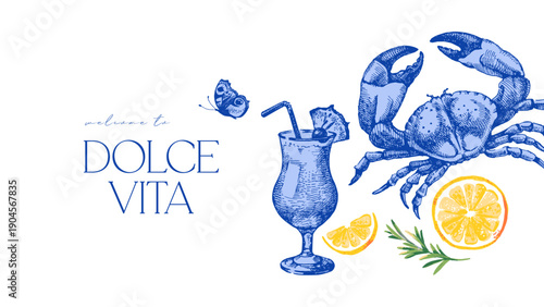 Vintage summer Italy Mediterranean coastal poster. Lemon and Italian food stamp design. Hand drawn vector illustration. Amalfi sketch and watercolor beach vacation banner