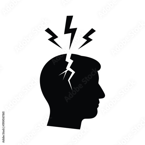 Black silhouette of a human head with a cracked brain and lightning bolts, symbolizing a brilliant idea or mental breakdown