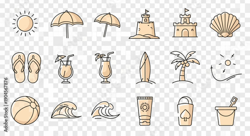 Collection of summer and beach vacation icons including sun, umbrellas, sandcastles, flip-flops, cocktails, surfboard, palm tree, and beach accessories.
