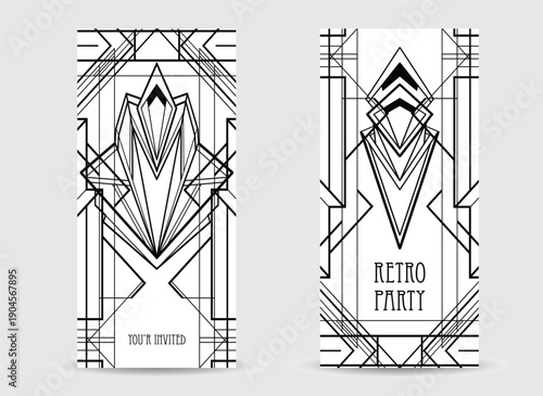 Black and white vector set of decorative Art Deco geometric elements. Elegant line art shapes inspired by 1920s design, perfect for frames, borders, posters, invitations, coloring books.