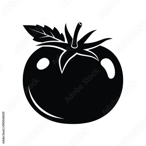 Black silhouette of a tomato with leaf on top